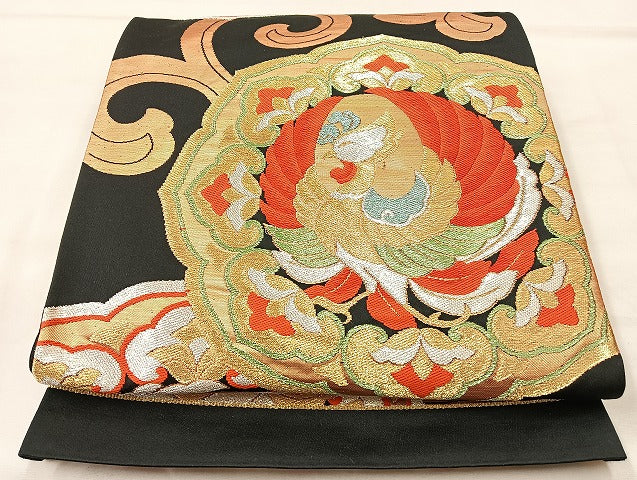 平和屋着物◎六通柄袋帯 唐織 鳳凰唐草文様 黒地 金銀糸 正絹 逸品 BAAL4158if