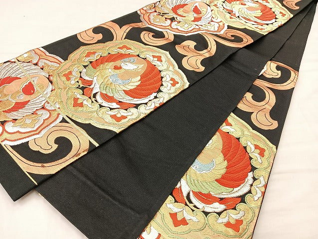 平和屋着物◎六通柄袋帯 唐織 鳳凰唐草文様 黒地 金銀糸 正絹 逸品 BAAL4158if