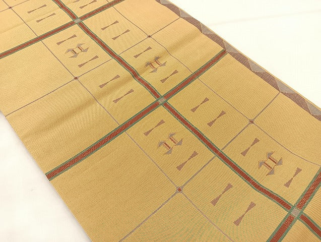 平和屋着物◎六通柄袋帯 格子柄 金糸 正絹 逸品 BAAL4175if