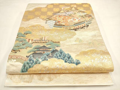 平和屋着物◎六通太鼓柄袋帯 新人通優都里 雲取り風景文 金銀糸 正絹 逸品 AAAL5548pf
