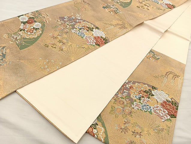 平和屋着物◎六通柄袋帯 唐織 花扇面散らし 金糸 正絹 逸品 BAAL7157di