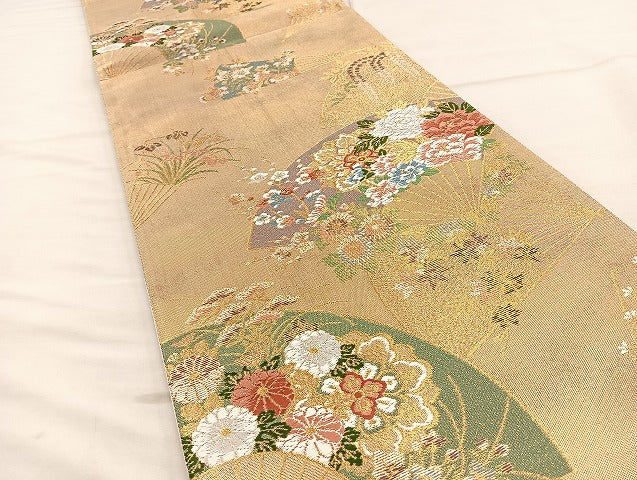 平和屋着物◎六通柄袋帯 唐織 花扇面散らし 金糸 正絹 逸品 BAAL7157di