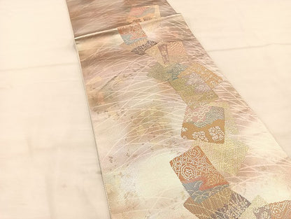 平和屋着物◎六通太鼓柄袋帯 色紙集 金糸 正絹 逸品 BAAL7171di