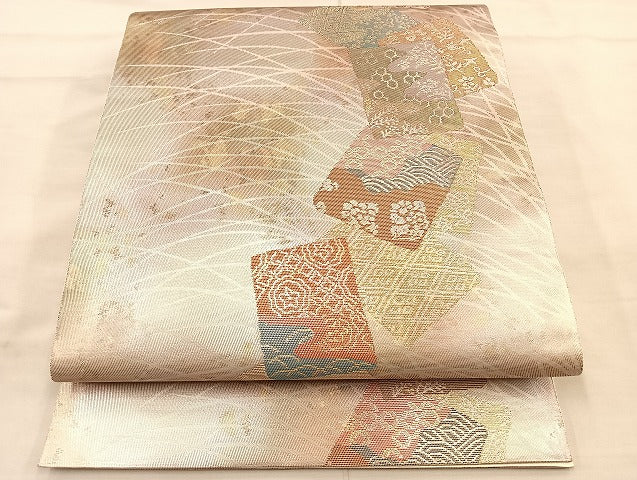 平和屋着物◎六通太鼓柄袋帯 色紙集 金糸 正絹 逸品 BAAL7171di