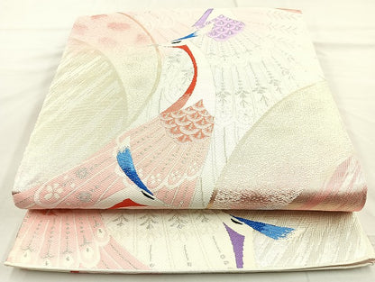 平和屋着物◎六通柄袋帯 唐織 孔雀 銀糸 正絹 逸品 未使用 BAAL0184cm