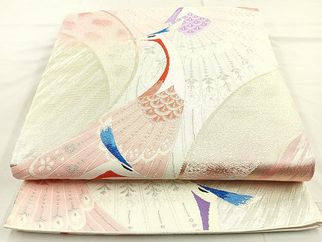 平和屋着物◎六通柄袋帯 唐織 孔雀 銀糸 正絹 逸品 未使用 BAAL0184cm