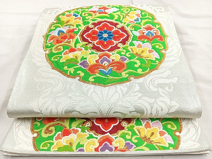 平和屋着物◎六通柄袋帯 唐織 花丸文 金銀糸 正絹 逸品 BAAL0193cm