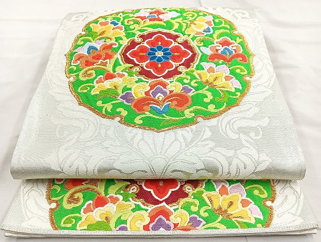 平和屋着物◎六通柄袋帯 唐織 花丸文 金銀糸 正絹 逸品 BAAL0193cm