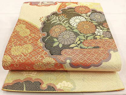 平和屋着物◎佐賀錦 六通柄袋帯 雪輪花文 金糸 正絹 逸品 BAAL0197cm