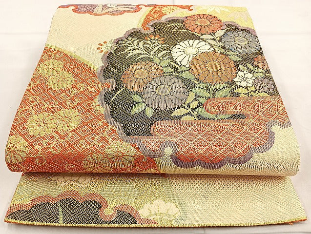 平和屋着物◎佐賀錦 六通柄袋帯 雪輪花文 金糸 正絹 逸品 BAAL0197cm