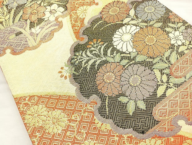 平和屋着物◎佐賀錦 六通柄袋帯 雪輪花文 金糸 正絹 逸品 BAAL0197cm
