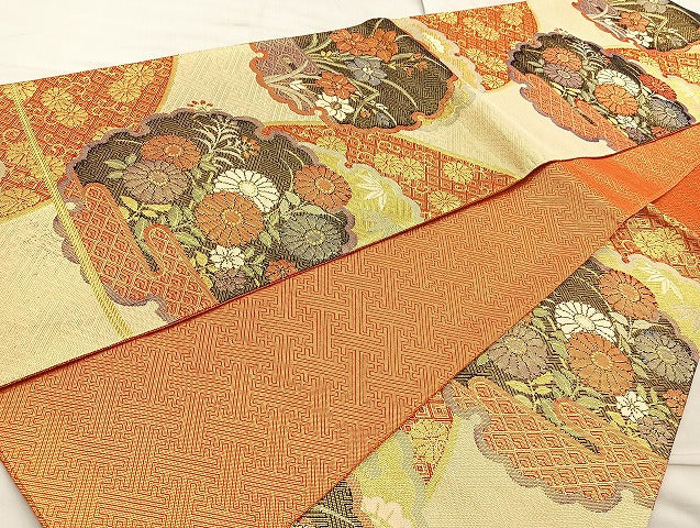 平和屋着物◎佐賀錦 六通柄袋帯 雪輪花文 金糸 正絹 逸品 BAAL0197cm