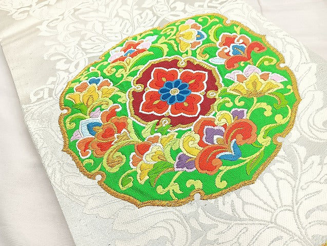 平和屋着物◎六通柄袋帯 唐織 花丸文 金銀糸 正絹 逸品 BAAL0193cm