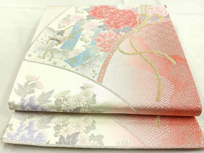 平和屋着物◎六通柄袋帯 唐織 御所車花文 金銀糸 正絹 逸品 BAAL0189cm