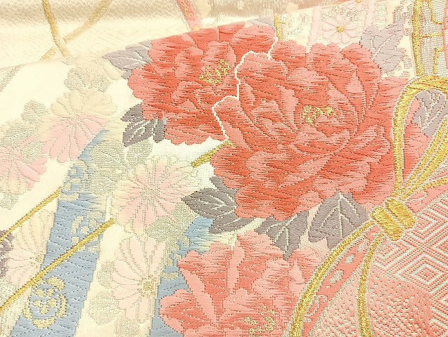 平和屋着物◎六通柄袋帯 唐織 御所車花文 金銀糸 正絹 逸品 BAAL0189cm