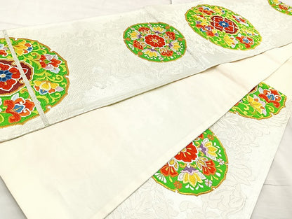 平和屋着物◎六通柄袋帯 唐織 花丸文 金銀糸 正絹 逸品 BAAL0193cm
