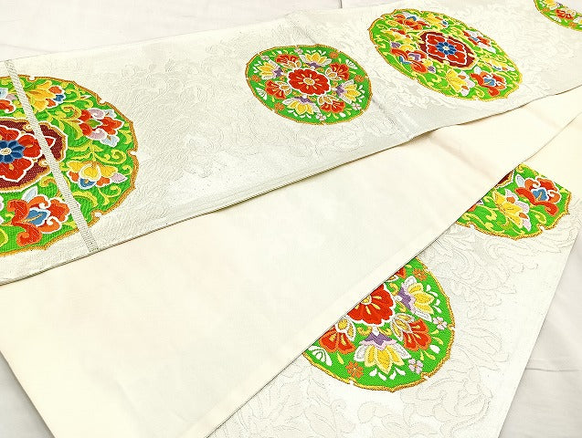 平和屋着物◎六通柄袋帯 唐織 花丸文 金銀糸 正絹 逸品 BAAL0193cm