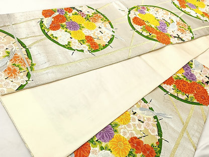 平和屋着物◎六通柄袋帯 唐織 花鳥丸文 金銀糸 正絹 逸品 BAAL1010cm