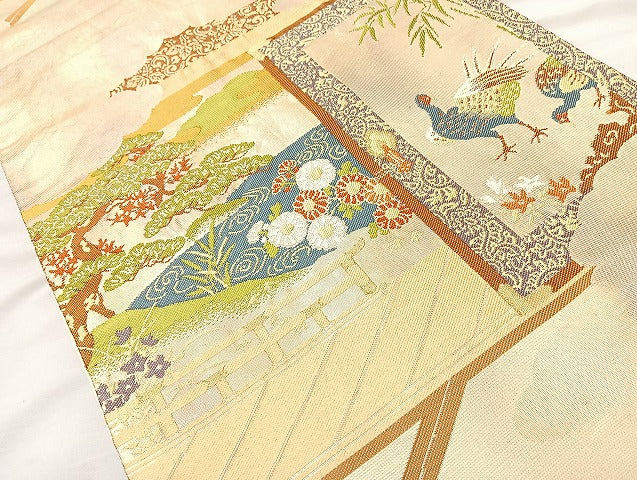 平和屋着物◎六通柄袋帯 唐織 孔雀花文 金糸 正絹 逸品 BAAL1026cm