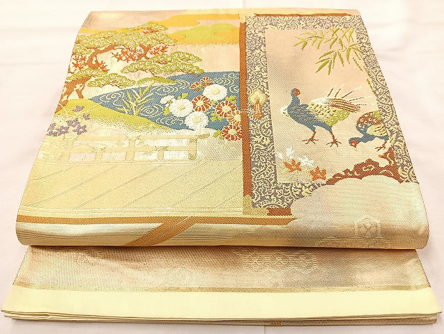 平和屋着物◎六通柄袋帯 唐織 孔雀花文 金糸 正絹 逸品 BAAL1026cm