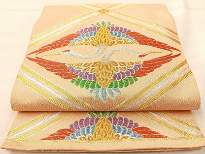 平和屋着物◎六通柄袋帯 向鶴 金銀糸 正絹 逸品 BAAL1012cm