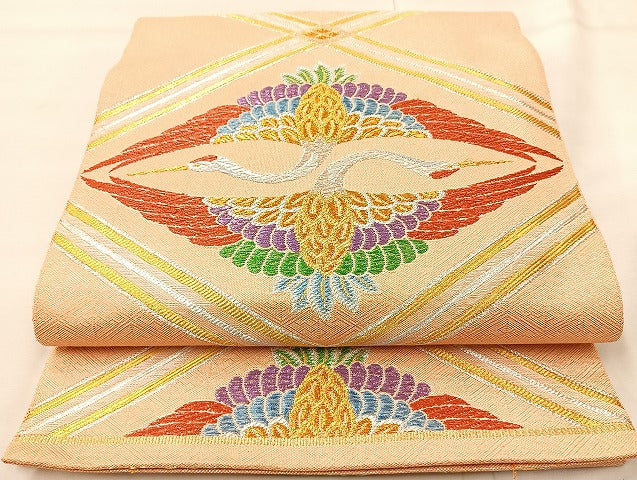 平和屋着物◎六通柄袋帯 向鶴 金銀糸 正絹 逸品 BAAL1012cm