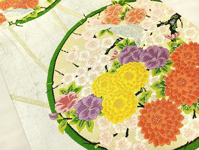 平和屋着物◎六通柄袋帯 唐織 花鳥丸文 金銀糸 正絹 逸品 BAAL1010cm