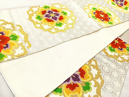 平和屋着物◎六通柄袋帯　唐織正倉院花文　金銀糸　正絹　逸品　BAAL1027cm
