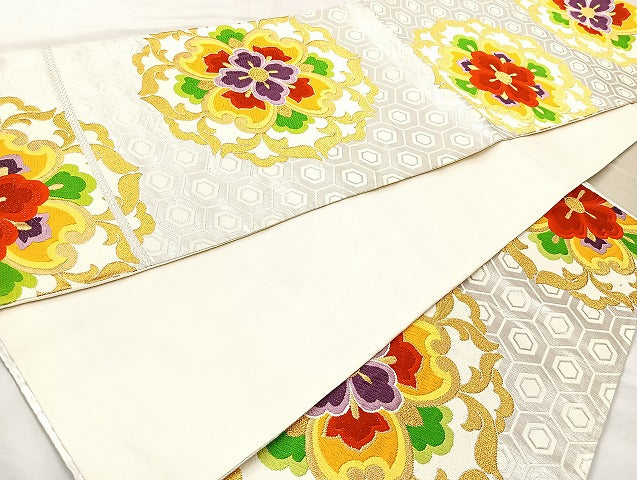 平和屋着物◎六通柄袋帯　唐織正倉院花文　金銀糸　正絹　逸品　BAAL1027cm