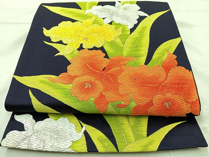 平和屋着物◎六通柄袋帯 唐織 草花文 金銀糸 正絹 逸品 BAAL1036cm
