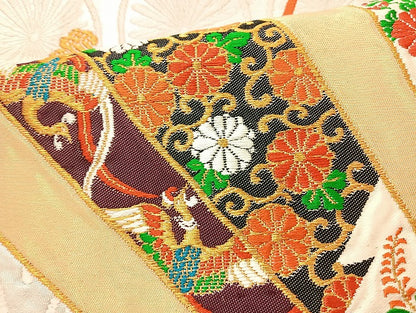 平和屋着物◎六通柄袋帯 唐織 扇面鳳凰花文 金糸 正絹 逸品 BAAL1028cm