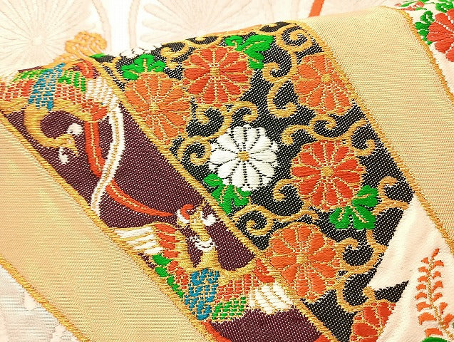 平和屋着物◎六通柄袋帯 唐織 扇面鳳凰花文 金糸 正絹 逸品 BAAL1028cm