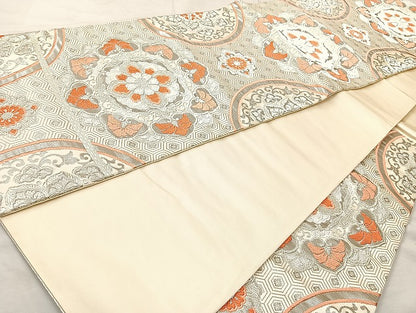平和屋着物◎六通柄袋帯 唐織 正倉院花文 プラチナ箔 正絹 逸品 BAAL1038cm