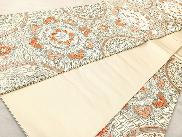 平和屋着物◎六通柄袋帯 唐織 正倉院花文 プラチナ箔 正絹 逸品 BAAL1038cm