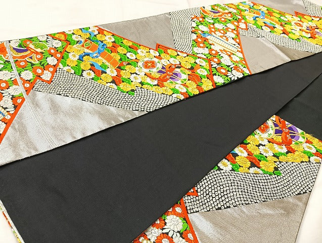 平和屋着物◎六通柄袋帯 唐織 花宝尽くし 金銀糸 正絹 逸品 BAAL1029cm