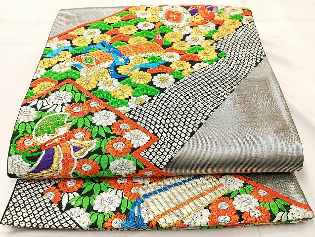 平和屋着物◎六通柄袋帯 唐織 花宝尽くし 金銀糸 正絹 逸品 BAAL1029cm