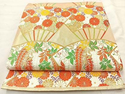 平和屋着物◎六通柄袋帯 唐織 扇面花文 金糸 正絹 逸品 BAAL1042cm