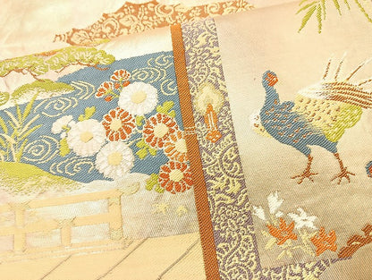 平和屋着物◎六通柄袋帯 唐織 孔雀花文 金糸 正絹 逸品 BAAL1026cm