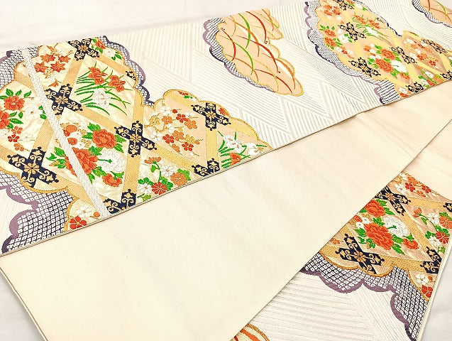 平和屋着物◎六通柄袋帯 唐織 雲取花文 金糸 正絹 逸品 BAAL1041cm