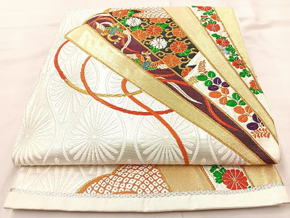 平和屋着物◎六通柄袋帯 唐織 扇面鳳凰花文 金糸 正絹 逸品 BAAL1028cm