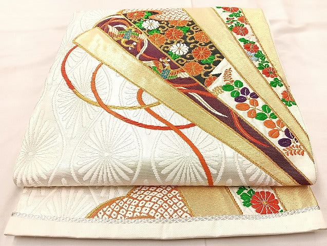 平和屋着物◎六通柄袋帯 唐織 扇面鳳凰花文 金糸 正絹 逸品 BAAL1028cm