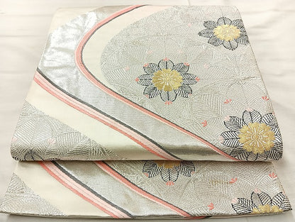 平和屋着物◎六通柄袋帯 草花文 銀彩 正絹 逸品 BAAL1039cm