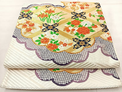 平和屋着物◎六通柄袋帯 唐織 雲取花文 金糸 正絹 逸品 BAAL1041cm