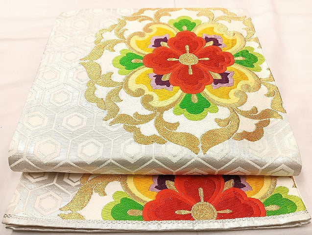 平和屋着物◎六通柄袋帯　唐織正倉院花文　金銀糸　正絹　逸品　BAAL1027cm