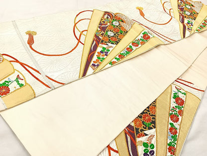 平和屋着物◎六通柄袋帯 唐織 扇面鳳凰花文 金糸 正絹 逸品 BAAL1028cm