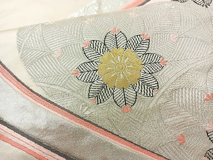 平和屋着物◎六通柄袋帯 草花文 銀彩 正絹 逸品 BAAL1039cm