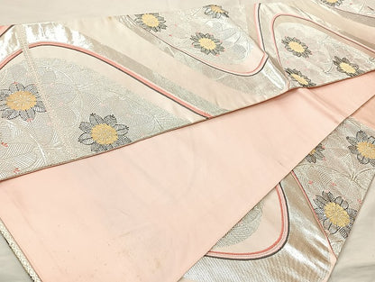 平和屋着物◎六通柄袋帯 草花文 銀彩 正絹 逸品 BAAL1039cm