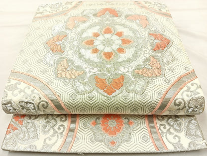 平和屋着物◎六通柄袋帯 唐織 正倉院花文 プラチナ箔 正絹 逸品 BAAL1038cm