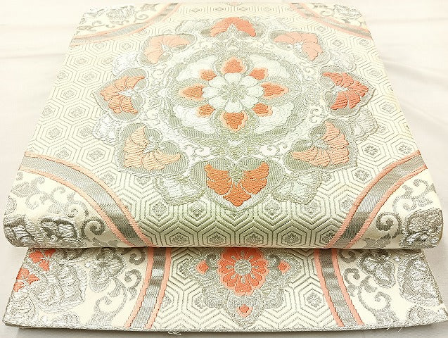 平和屋着物◎六通柄袋帯 唐織 正倉院花文 プラチナ箔 正絹 逸品 BAAL1038cm