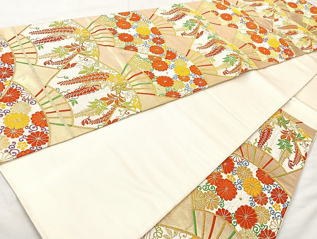 平和屋着物◎六通柄袋帯 唐織 扇面花文 金糸 正絹 逸品 BAAL1042cm